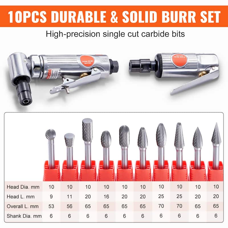 Air Die Grinder Kit, Right Angle Grinder w/ Die Grinder Combo & 10PCS Single Cut Carbide Burr Set, Lightweight - Grinder Kit