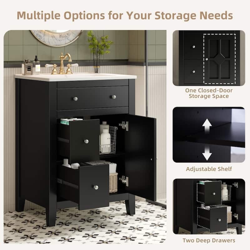 24" Modern Bathroom Vanity with Ceramic Basin,2 Drawers