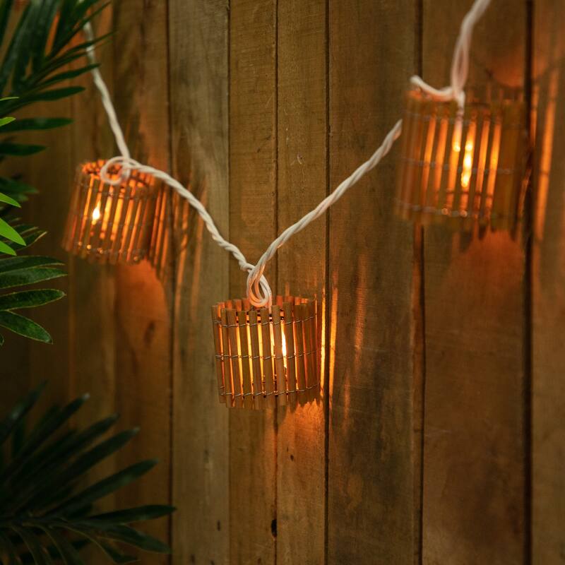 10 Brown Tropical Bamboo Patio String Light Set, 7.25ft White Wire