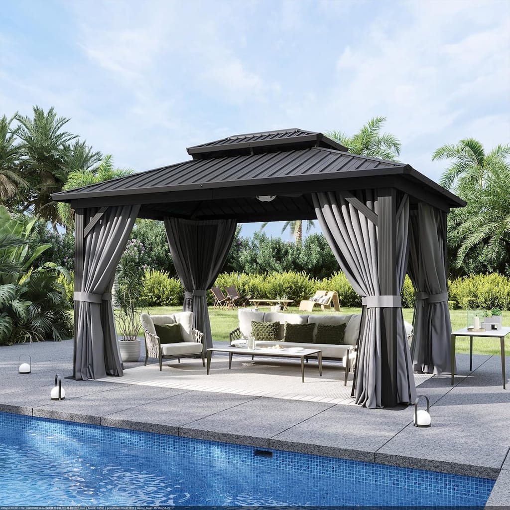 Outdoor Galvanized Steel Hardtop Gazebo with Curtain and Netting