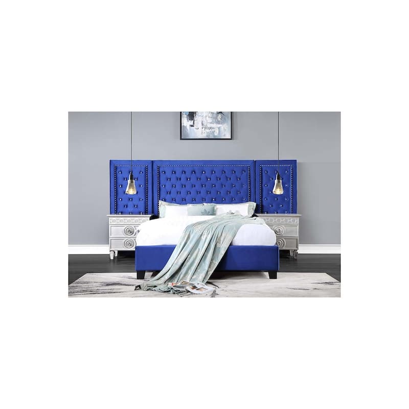 Vintage Queen Bed Frame - Blue Velvet Upholstered Bed - Elegant Bedroom Furniture