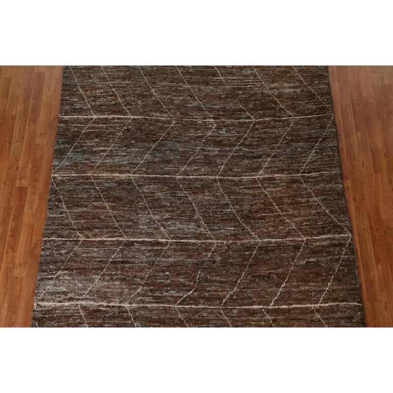 Hand Knotted Oriental 100% Wool Carpet Tribal Tribal Brown Moroccan Area Rug - 9' 7'' X 6' 7''