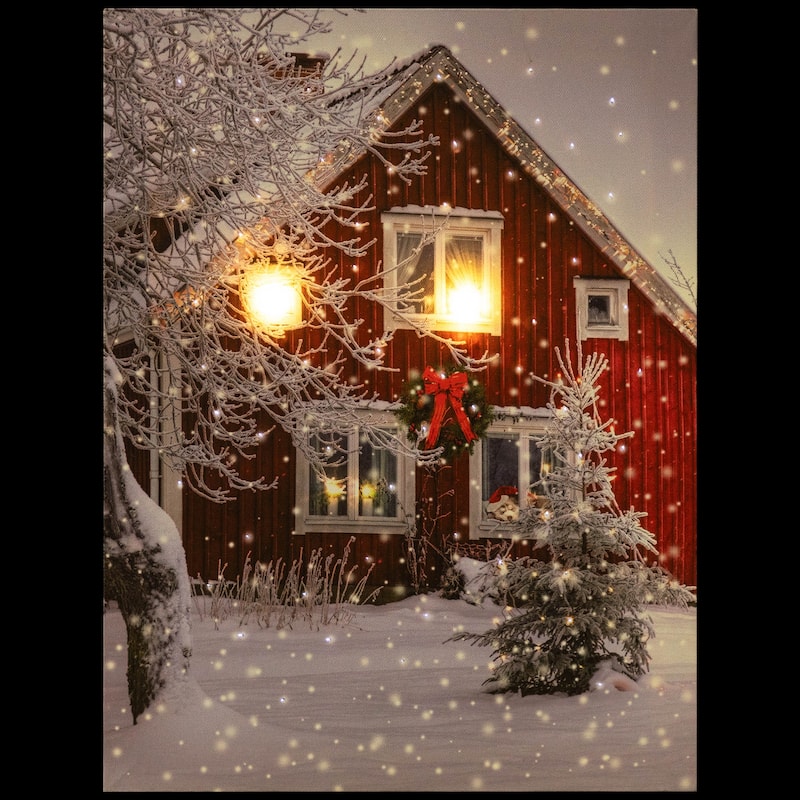 LED Fiber Optic Red Snowy Barn House Christmas Wall Art 15.75 x 12
