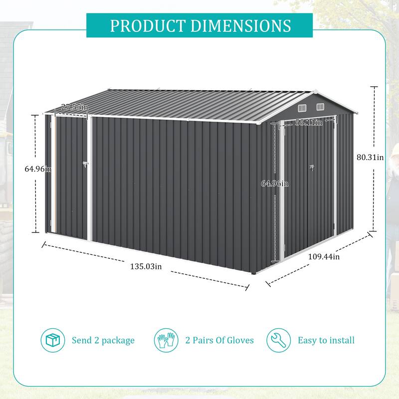 Outdoor Storage Shed 9×11 FT with 3 Lockable Doors,Utility Tool Shed Metal Storage Garden Sheds 4 Vents,Metal Sheds