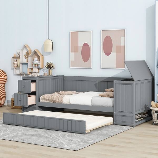 slide 2 of 15, Twin Size Daybed Trundle Bed Pine Wood Bed Frame for Kids Teens, Grey Grey - Twin