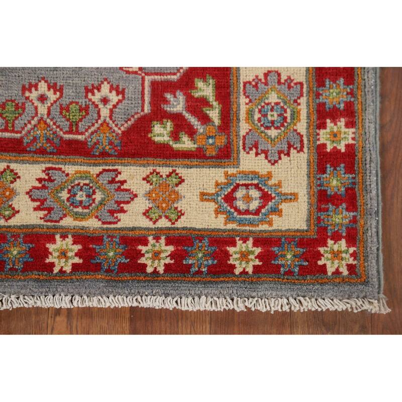 Gray Geometric Kazak Oriental Accent Rug Hand-Knotted Wool Carpet - 3'5" x 4'10"