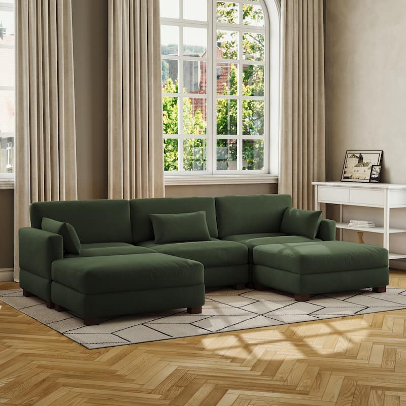 Corduroy Upholstered Modular Sectional Sofa for Living Room - GREEN 5-PIECE