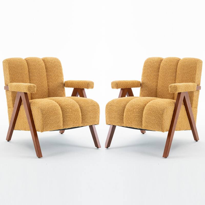 Mid Century Modern Accent Chair, Chenille Armchair with Solid Wood Legs, Channel Tufted Comfy Reading Chair for Living Room - Set-of-2-Mustard