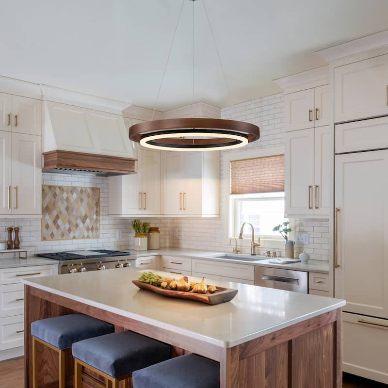 Modern 24" Walnut LED Wood Chandelier Ring Chandelier for Living Room Foyer