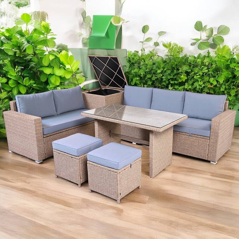 6-Piece Outdoor All-Weather PE Rattan Sofa Set with Adjustable Seating, and Glass Table for Patio, Garden, or Backyard - Natural