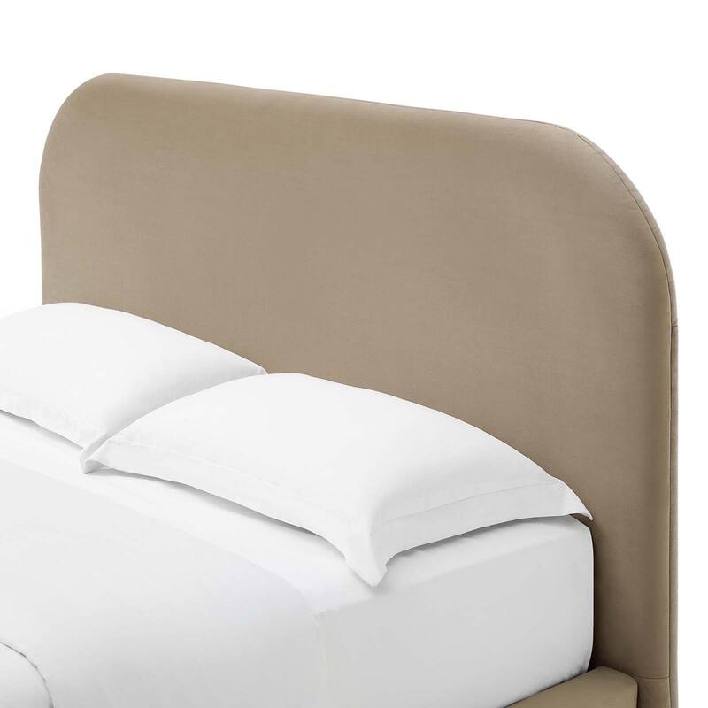 Hillsway Modern Curved Headboard Taupe Velvet Upholstered Full Size Platform Bed