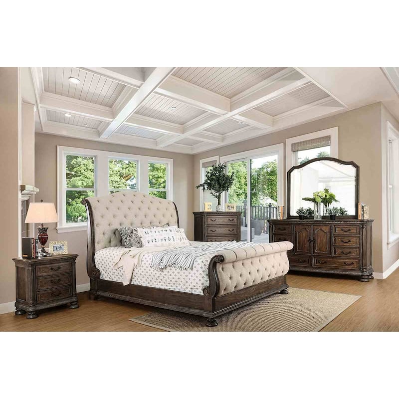 Royal Rustic Natural Beige Tone Finish Bedroom Set Tufted Headboard Bed