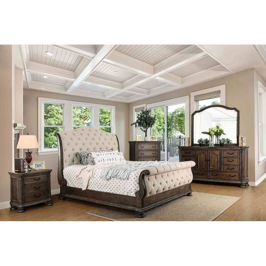 Royal Rustic Natural Beige Tone Finish Bedroom Set Tufted Headboard Bed