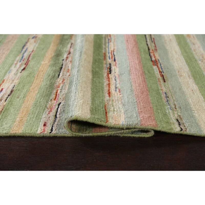 Green Striped Gabbeh Kashkoli Oriental Wool Runner Rug Hand-knotted - 2'8" x 17'9"