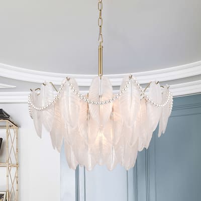 Paula Brushed Shiny Brass 7-Light Glass Feather-shaped Chandelier