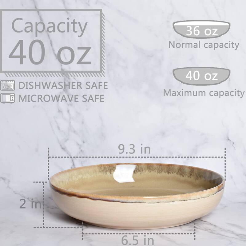 Stoneware Large Pasta Bowls, Set of 4, 40 Oz, Big Salad Bowls, Microwave and Dishwasher Safe (Brown Grey, 9.3 in)