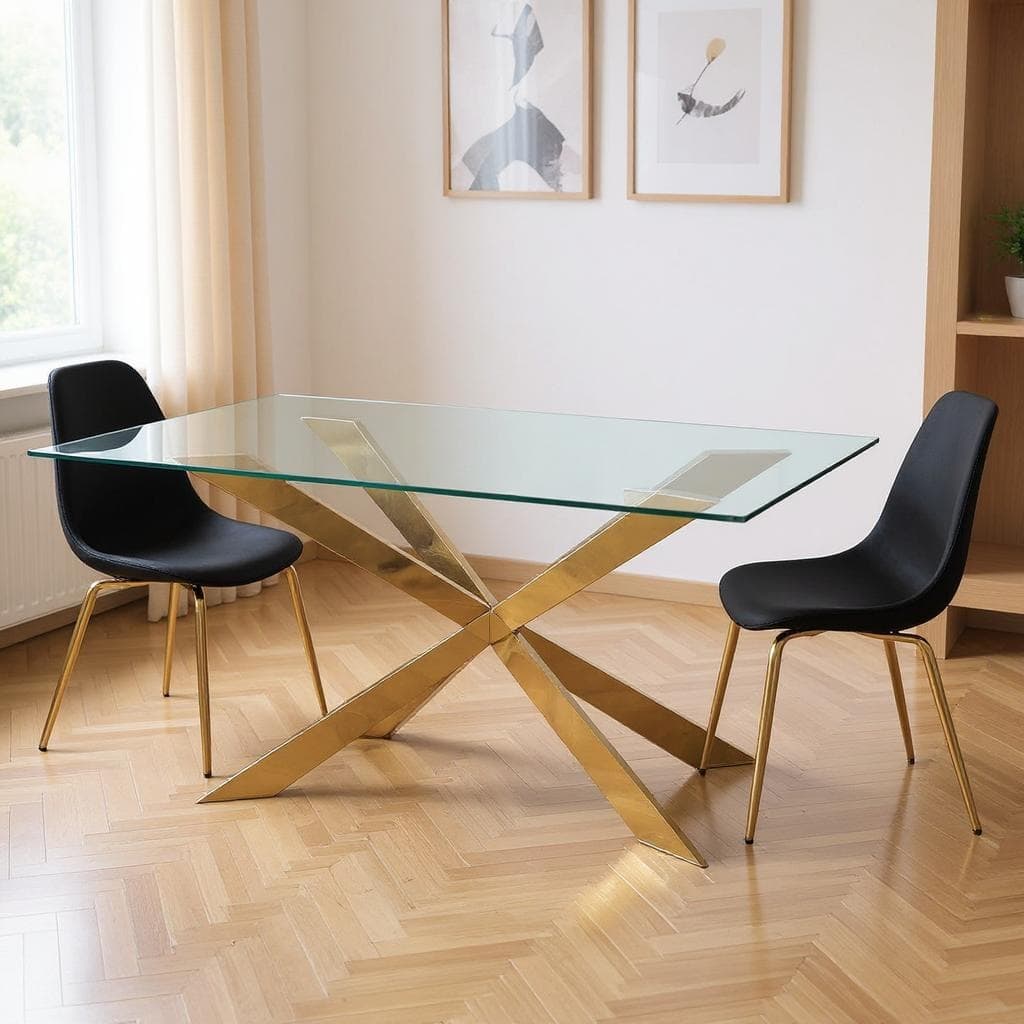 HomeRoots 87" Clear and Gold Glass and Metal Cross Leg Base Dining Table - 87.00 in. x 30.00 in. x 39.50 in.