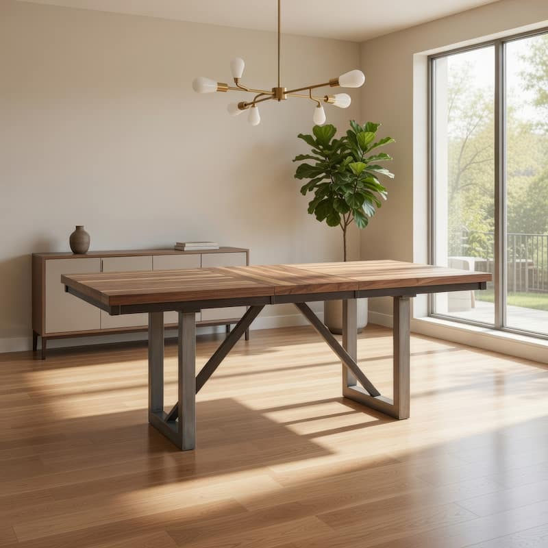 60-77 Inch Extendable Dining Table, Natural Brown Wood, Smooth Gray Metal