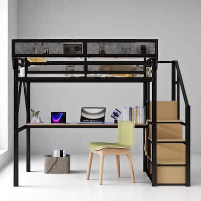 Metal Loft Bed Full/Queen with Desk, LED Lights, USB Ports, Shelves, Staircase and Built-In Wardrobe for Teens