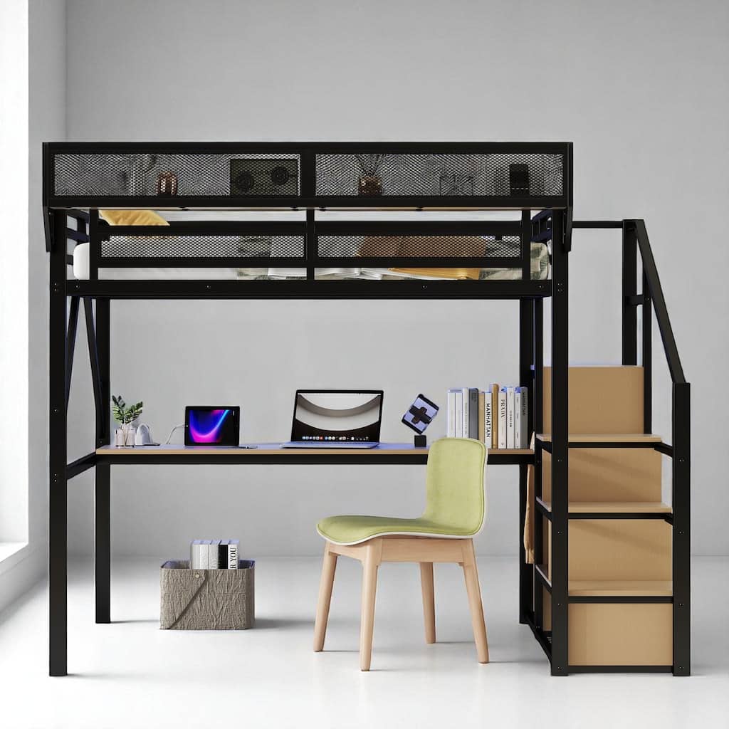 Metal Loft Bed Full/Queen with Desk, LED Lights, USB Ports, Shelves, Staircase and Built-In Wardrobe for Teens
