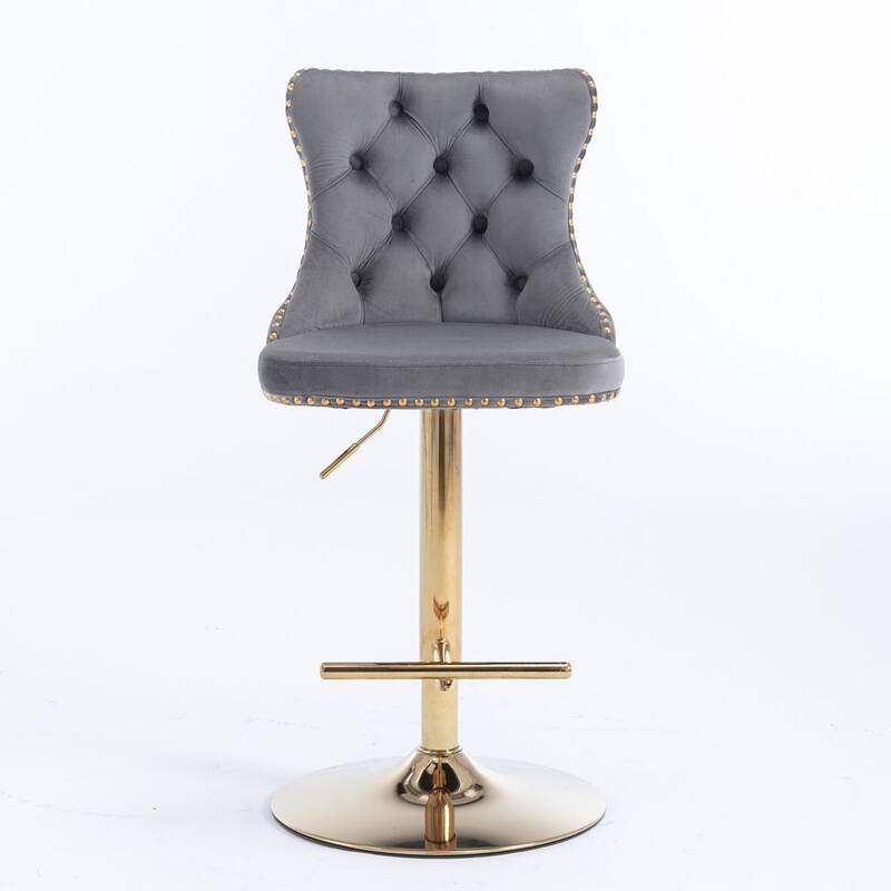 Bar stools with Backs Luxurious Velvet Swivel - Adjustable Height, Set of 2 - Gold + Gray