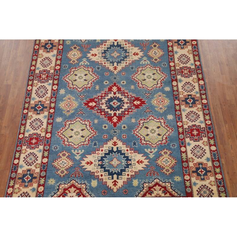 Hand Knotted Oriental 100% Wool Carpet Traditional Geometric Navy Blue & Blues Kazak Area Rug - 9' 10'' X 6' 8''