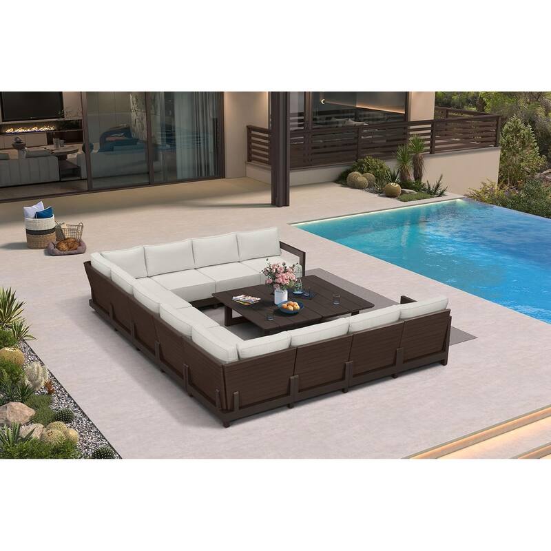 PURPLE LEAF Caesar U-Shaped White Outdoor Couch with 9.6" Thick for Yard Porch Deck Patio Conversation Sets - 11 Seats+2 Tables - U-shaped