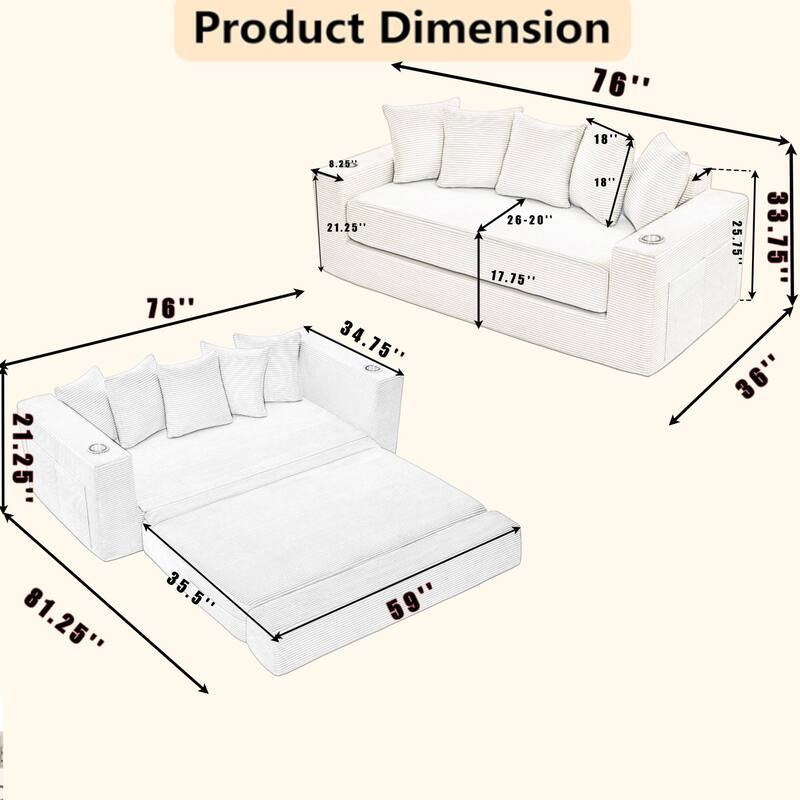 2-in-1 Convertible Sleeper Sofa, Floor Folding Couch, Sofa Bed with Side Pocket, Pull Out Loveseat with Cup Holders