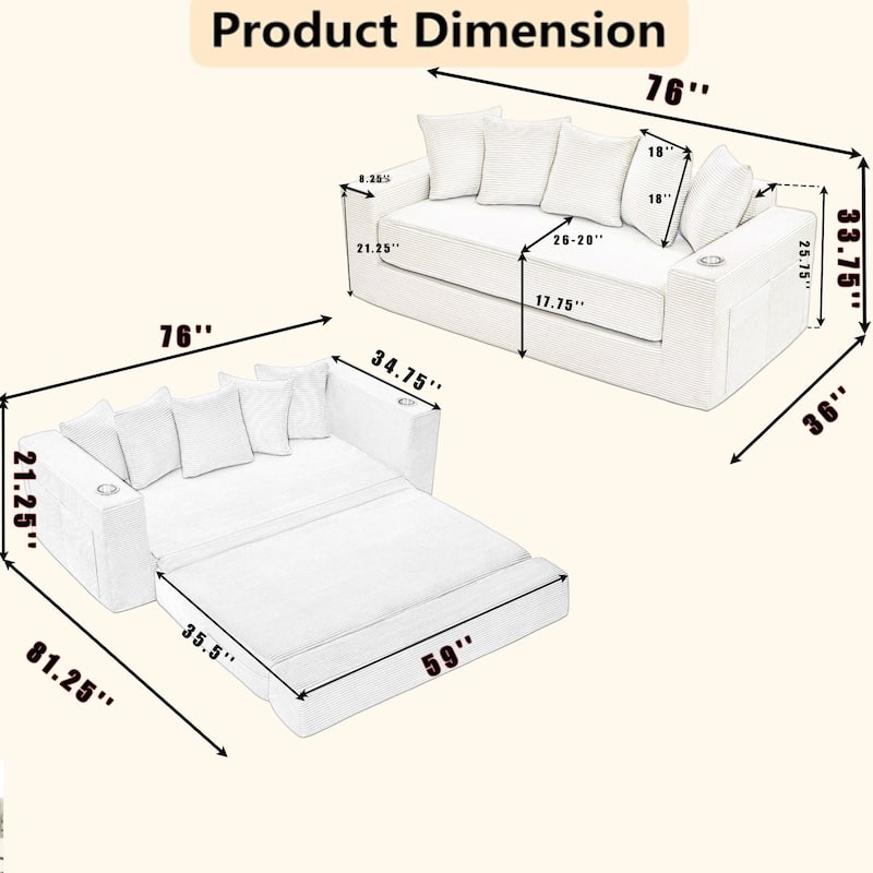 Convertible Corduroy Sleeper Loveseat Sofa Bed 3 Seater Floor Folding Couch with 5 Pillows, Cup Holders and Side Pockets