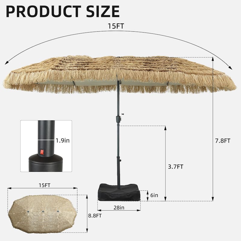 15 ft Tiki Thatched Umbrella with Sandbags Base, Hawaiian, Pool, Patio, Beach