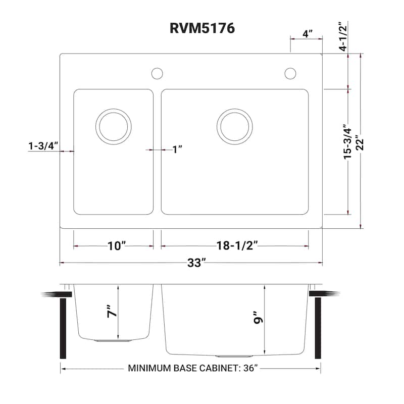 Ruvati 33 x 22 inch Drop-in Topmount Kitchen Sink 16 Gauge Stainless Steel 30/70 Double Bowl - RVM5176 - 8' x 11'