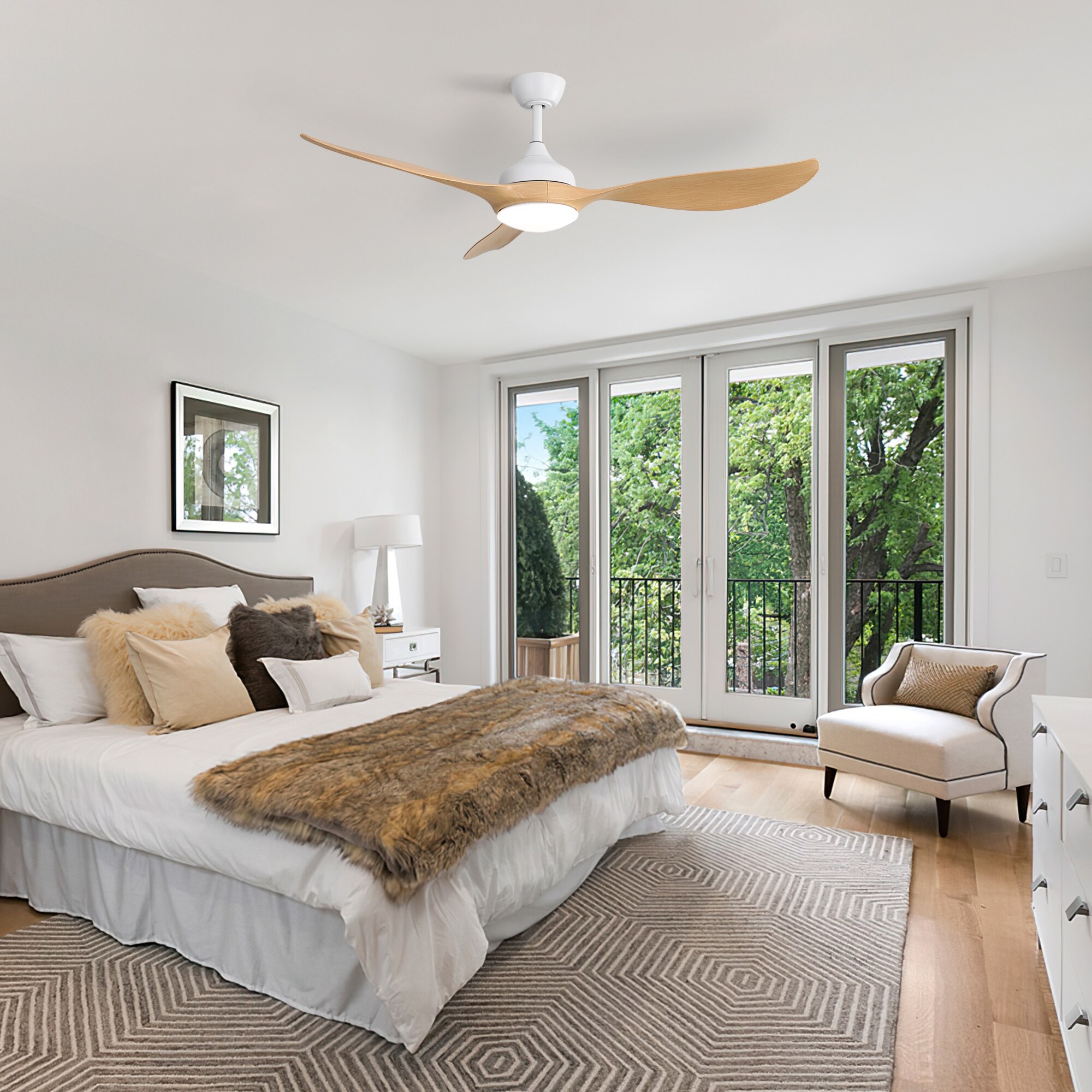 Reversible Quiet DC Motor Wood Ceiling Fan with 3-Color Dimmable