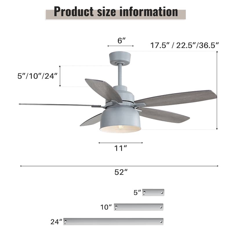 52-Inch Ceiling Fan With Light, E26 Bulb Included, Remote Control - Cement Grey