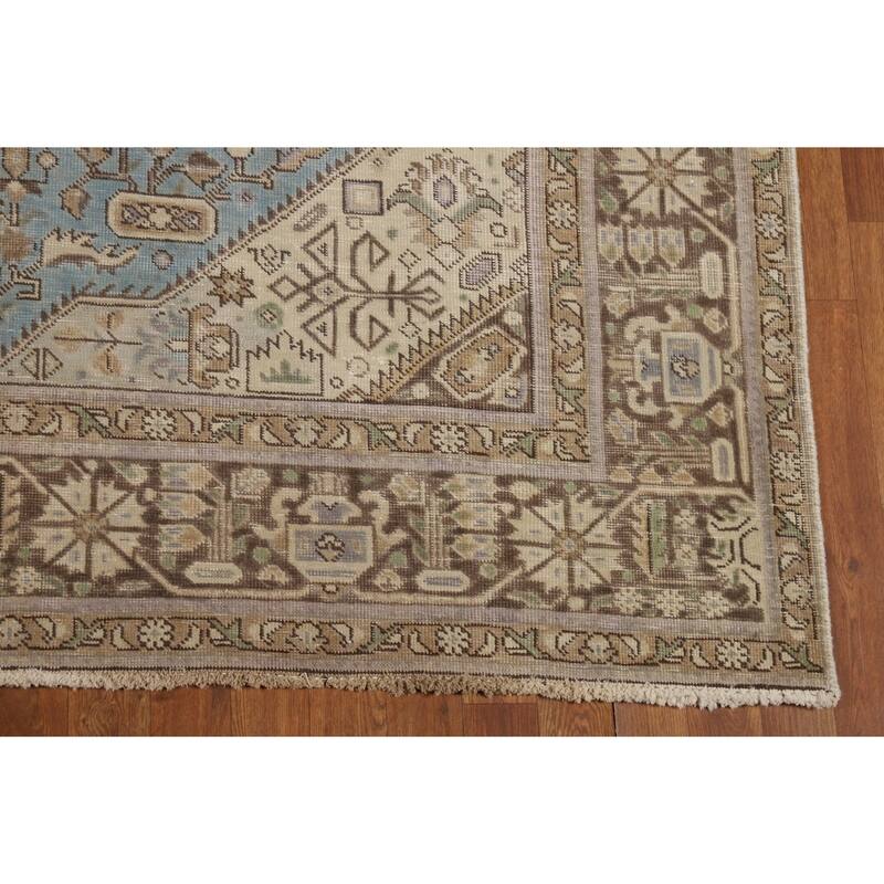 Hand Knotted Oriental 100% Wool Carpet Traditional Medallion Navy Blue & Blues Tabriz Area Rug - 9' 5'' X 6' 7''