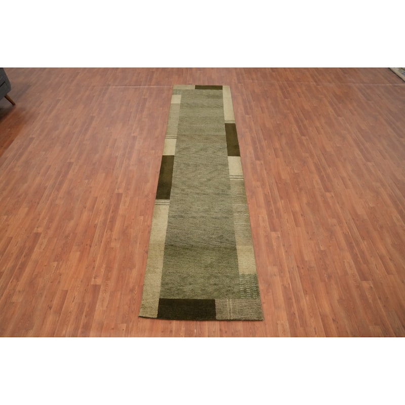 Hand Knotted Oriental 100% Wool Carpet Modern Solid Green Gabbeh Runner Rug - 12' 0'' X 3' 0''