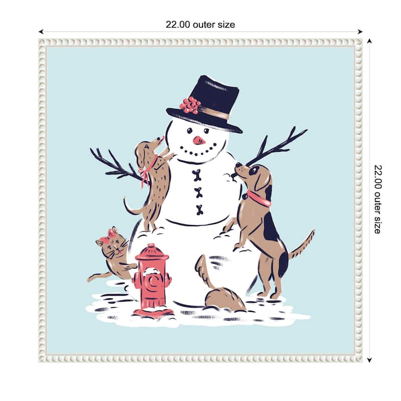 Kate and Laurel Sylvie Beaded Snowman Dogs Cat Framed Canvas by Krissy Mast