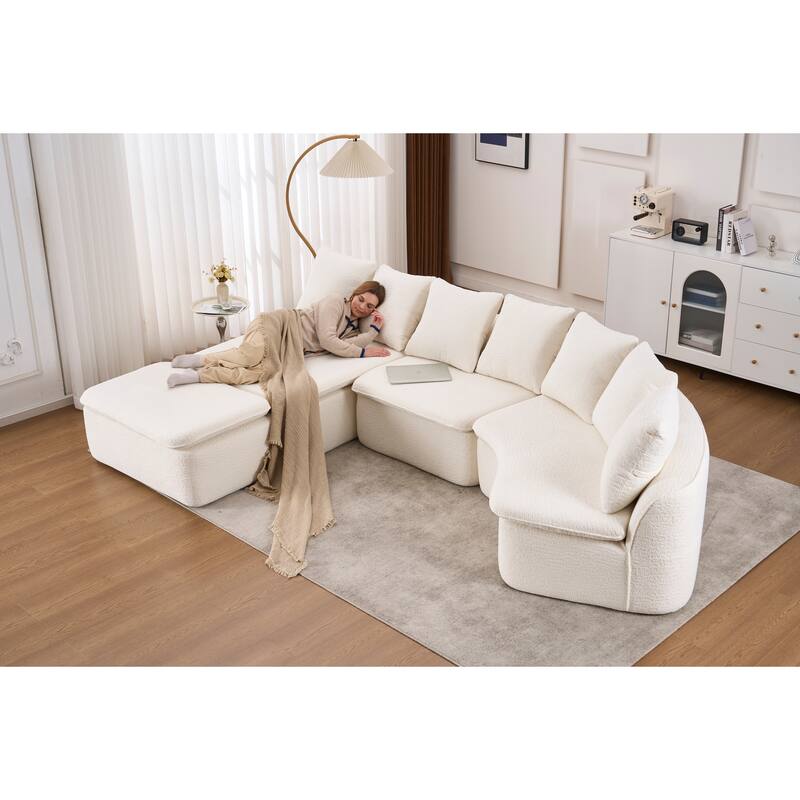 U-Shaped Modular Sectional Sofa with Ottoman, Woodgrain Chenille Deep Seat Boneless Couch, Compression Sofa with Pillows