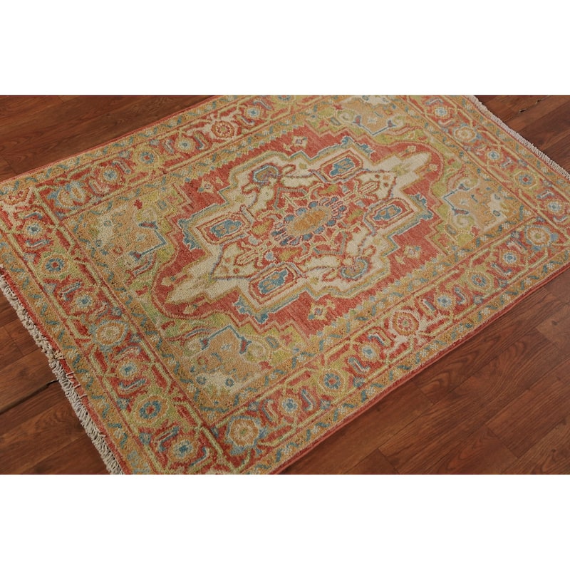 Vegetable Dye Heriz Serapi Rug Hand-Knotted Orange Wool Carpet - 2'10"x 4'0"