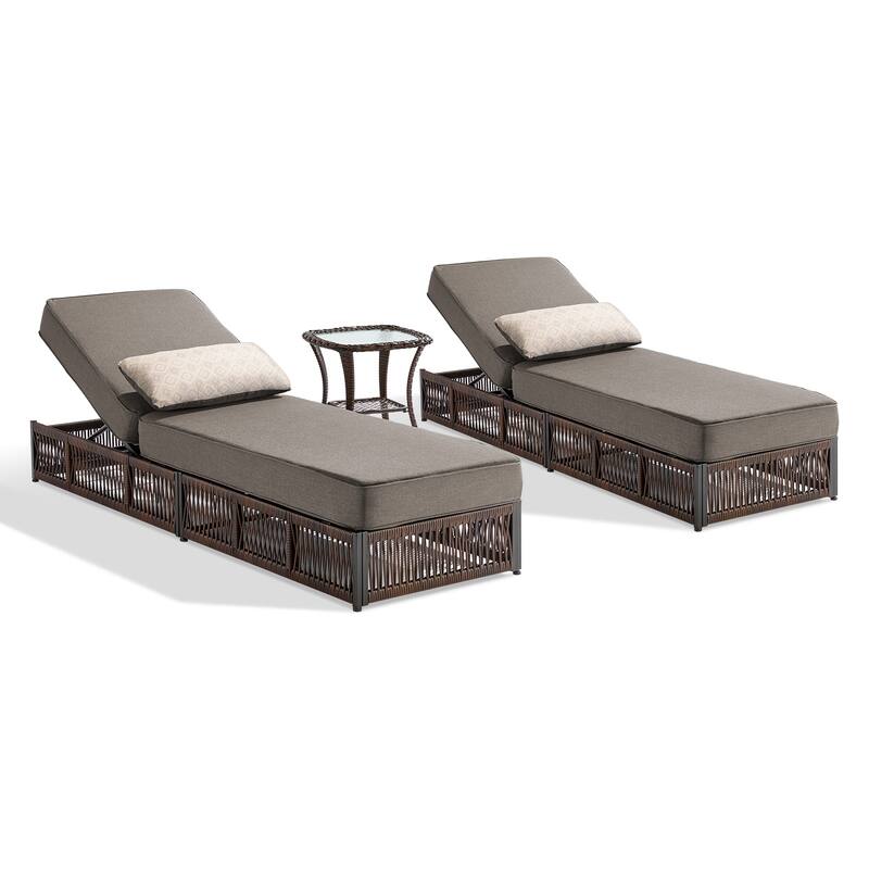 ArcoBay 3-Piece Brown Wicker Outdoor Patio Chaise Lounge with 5-Inch Thick Cushions and Side Table