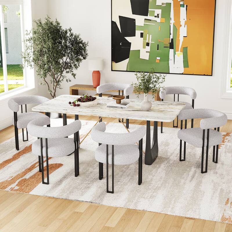 Set of 2 Upholstered Dining Arm Chairs, Bouclé Fabric Accent Chairs with Metal Frame, with Cushioned Seat & Back