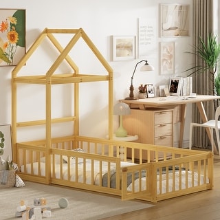 Wooden Floor Bed with Fence Railings and Detachable House Shape Headboard, Twin Size Bed with Kids Dress Up Rack