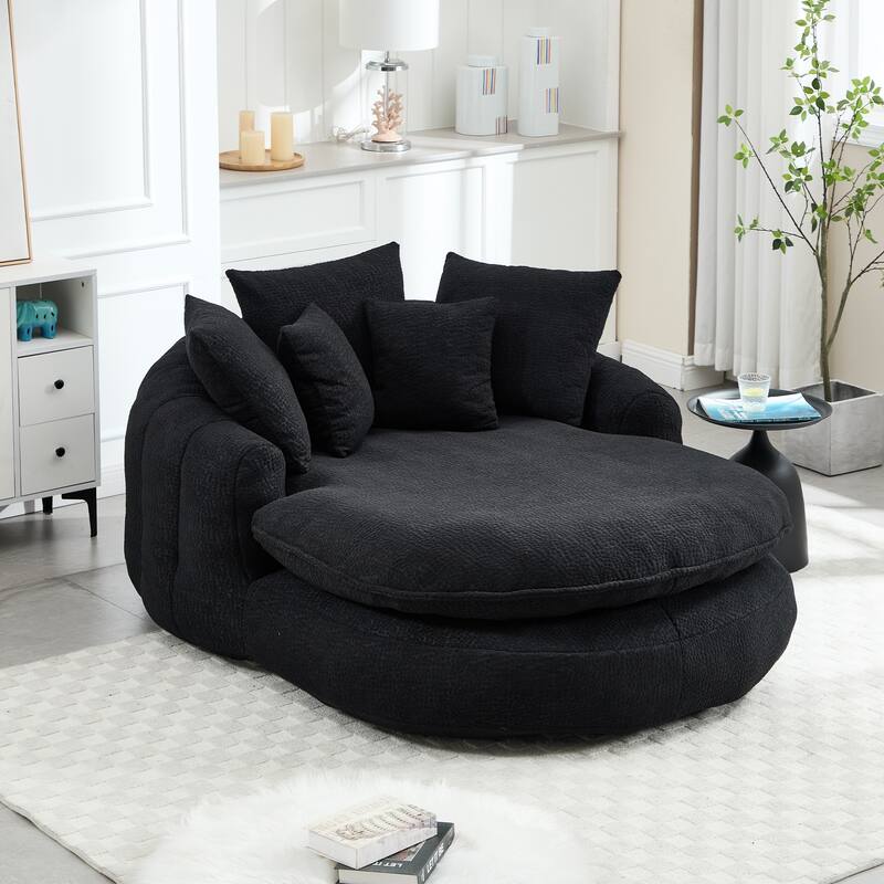 Oversized Oval Upholstered Bean Bag Sofa, Lazy Sofa with 3 Large Pillows and 2 Small Pillows, Wrap Around Backrest