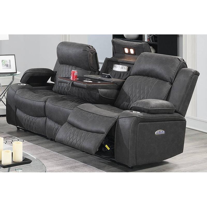 Contemporary Charcoal Gel Leatherette Power Motion Sofa with Storage Arms and Cup Holder
