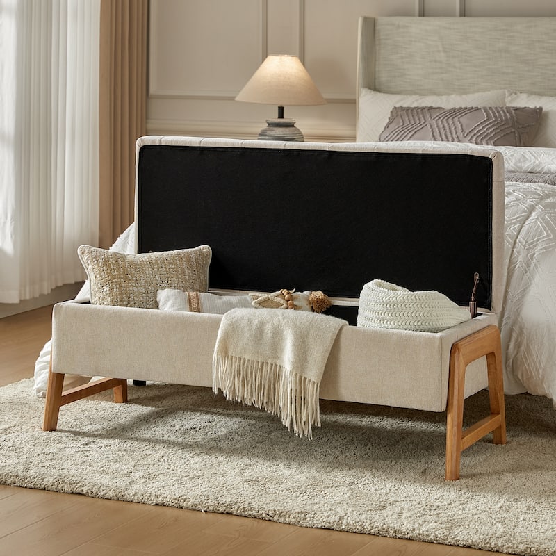 Rita Mid-century Modern Upholstered Storage Bench with Tufted Seat and Solid Wood Leg by HULALA HOME