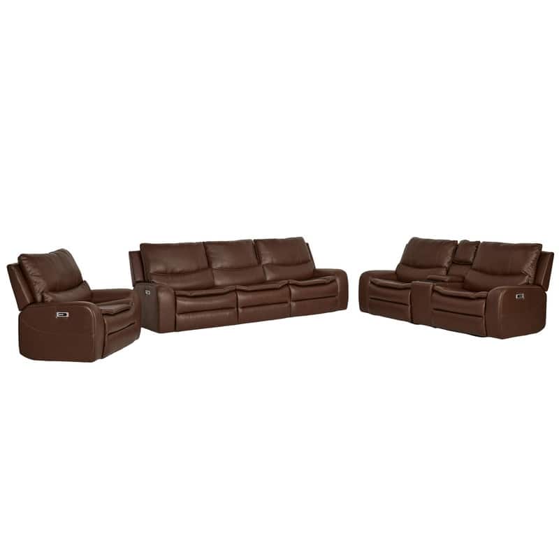 3-Piece Faux Leather Sofa Set with Double Width Seat, Power Recliner, Loveseat & Sofa, Wireless charging and Reading Lamp - Dark Brown