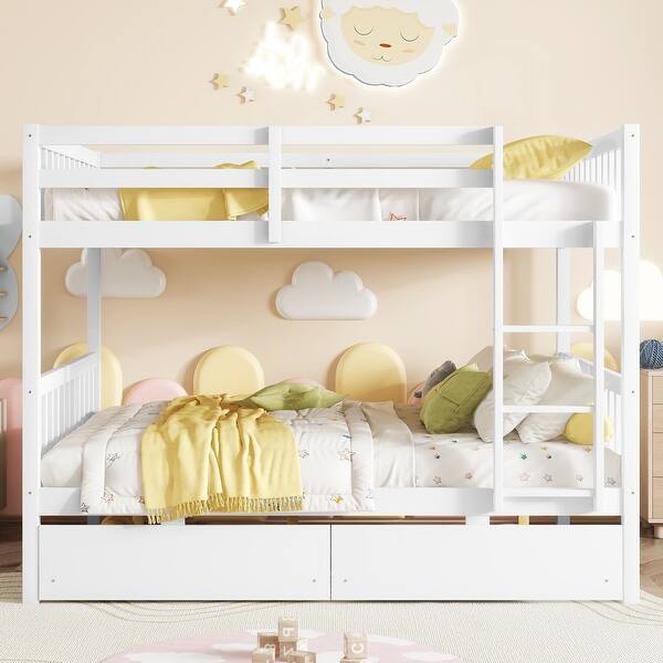 slide 2 of 36, Rubber Wood Bunk Bed, Convertible into 2 Full Beds with 2 Drawers, Ladder and Safety Guardrails, Full over Full White