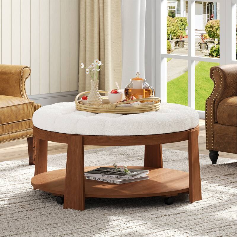 Modern Round Ottoman Coffee Table with Wood Shelf Storage Upholstered Coffee Table for Living Room Footrest Ottoman with wheel