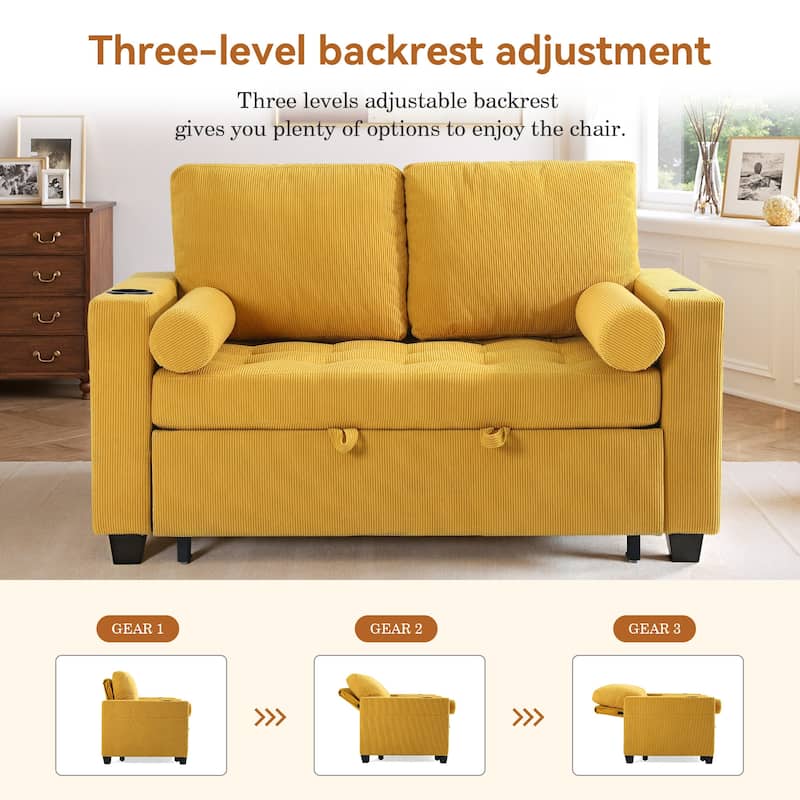 2 Set Corduroy Convertible Sleeper Sofa Bed Loveseats with Cup Holder, USB Ports & Storage