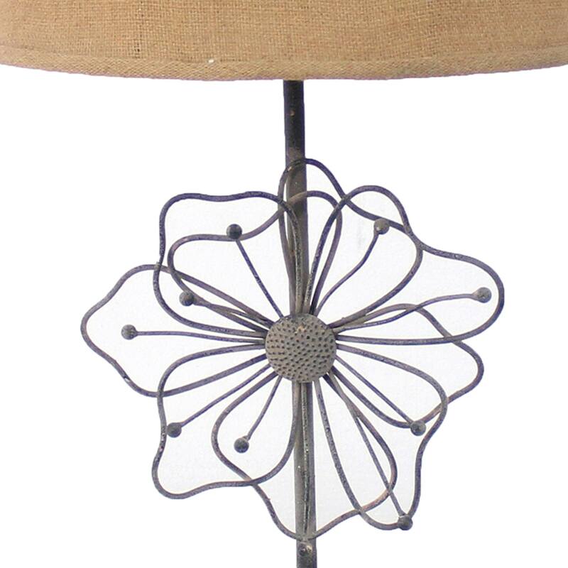 Metal Table Lamp Set of 2 with Flower Accent and Block Base,Beige and Gray