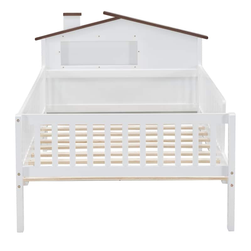 Twin Size Platform Bed with LED-Lit House Headboard, Built-in Storage Nook and Guardrails